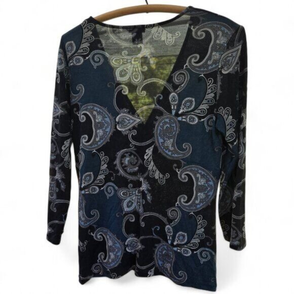 Ann Taylor Womens Paisley Print Surplic Wrap V-Neck 3/4 Sleeve Top Medium Black - Picture 2 of 4